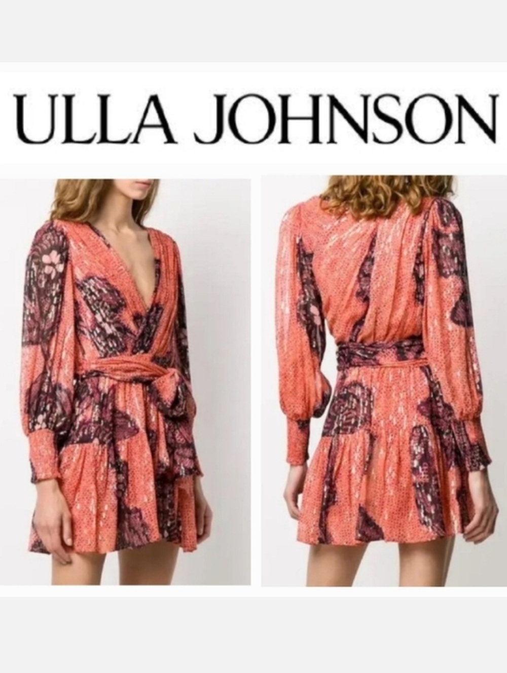 Ulla Johnson Noemi Silk-Lurex Crepe Wrap-style Mini Dress Coral Batik Print Sz 2